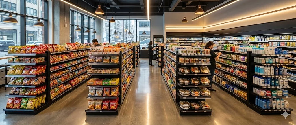 현대적인 인테리어의 편의점 내부와 블랙 컬러 편의점진열대 전체 배치도