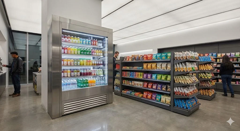 냉장 쇼케이스와 연계하여 설치된 측면 편의점진열대 레이아웃