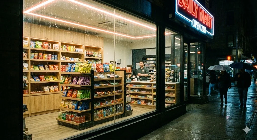 외부에서 바라본 야간 편의점 윈도우와 밝게 빛나는 편의점진열대