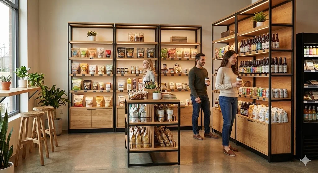 따뜻한 우드 톤의 세련된 편의점진열대와 은은한 LED 조명이 어우러진 현대적인 매장 전경. 밝은 분위기 속에서 고객들이 여유롭게 상품을 둘러보고 있으며, 정갈하게 정리된 선반과 우측의 냉장 쇼케이스가 조화로운 프리미엄 인테리어를 보여줍니다.