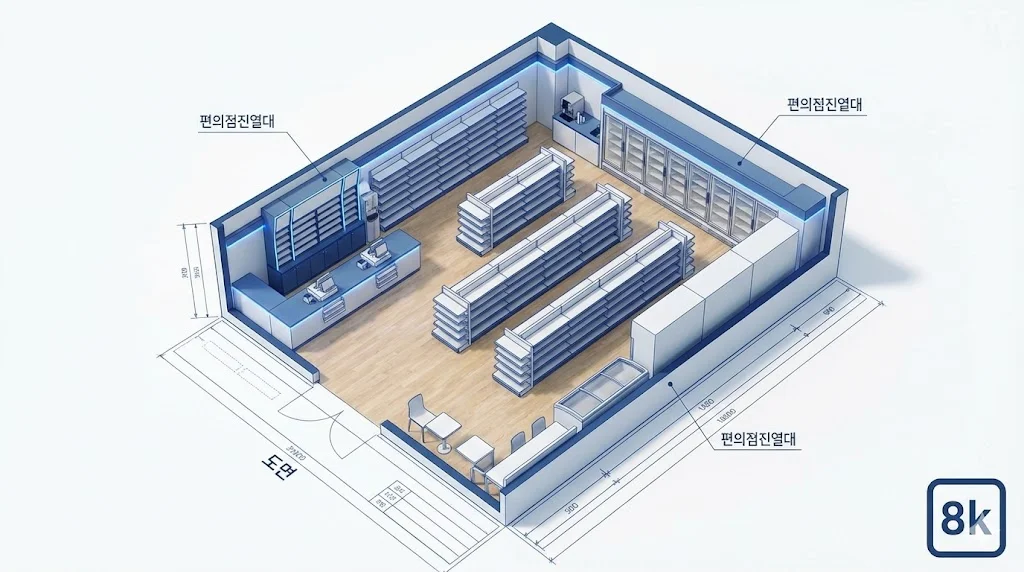 3D 아이소메트릭으로 시각화된 현대적인 편의점진열대도면 레이아웃 전경