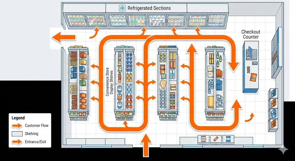 화살표를 통해 동선을 시뮬레이션한 효율적인 편의점진열대도면 설계 및 동선 가이드
