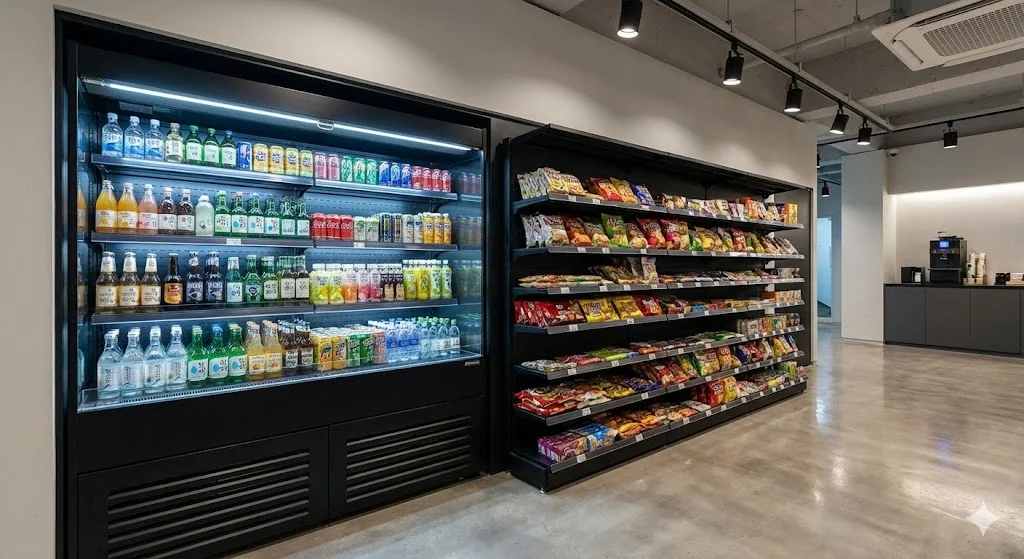 냉장 쇼케이스와 매끄럽게 연결된 블랙 메탈 소재의 편의점진열대 통합 설치 이미지