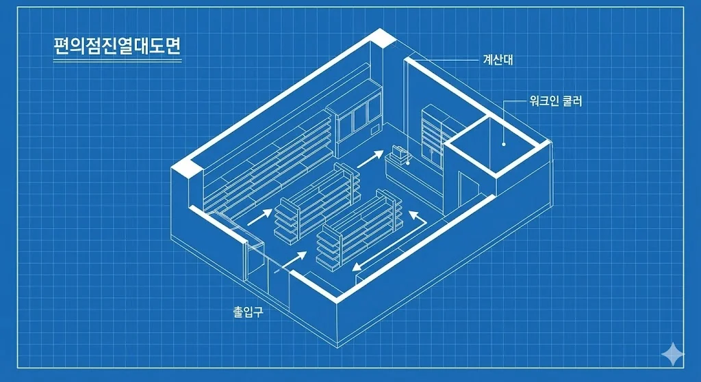 '편의점진열대도면'이라는 제목이 적힌 파란색 배경의 3D 아이소메트릭 매장 설계도. 출입구에서 시작하여 계산대와 워크인 쿨러로 이어지는 효율적인 동선이 화살표로 표시되어 있으며, 중앙 곤도라와 벽면 진열대의 배치를 한눈에 확인할 수 있는 청사진 스타일의 도면입니다.