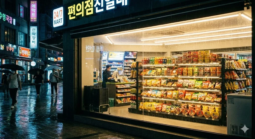 야간에도 밝은 조명으로 상품 가시성을 높인 매장 내부 편의점진열대 배치 전경
