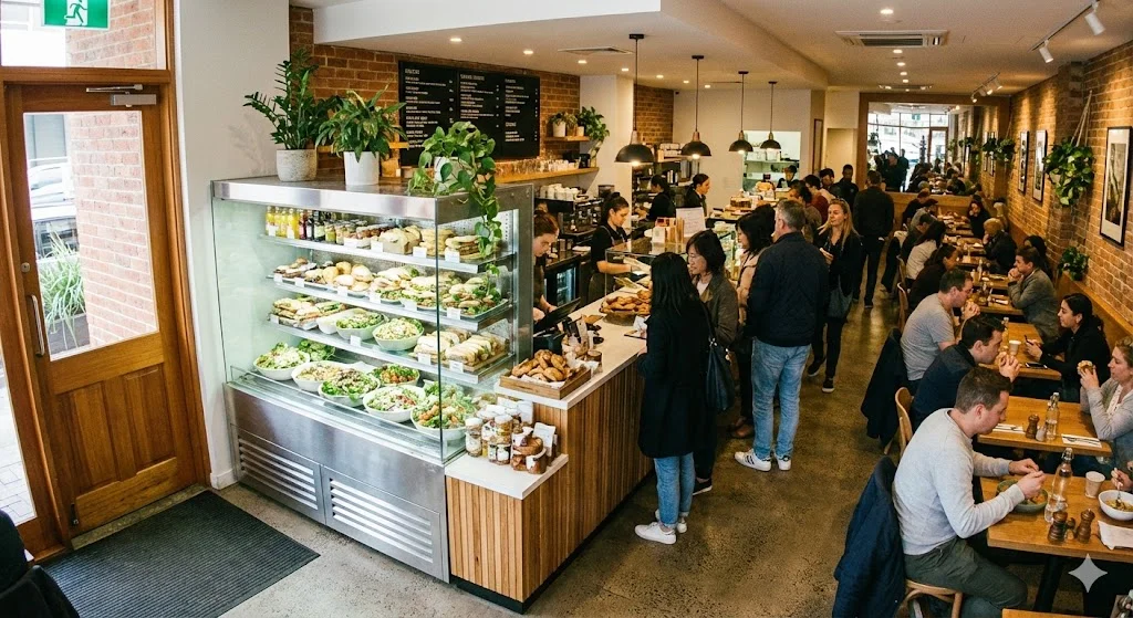 매장 입구와 계산대 옆에 전략적으로 배치된 음식쇼케이스를 구경하는 고객들의 모습