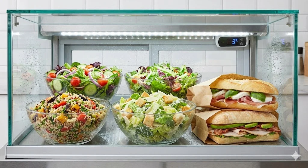 신선한 샐러드와 샌드위치가 진열된 냉장 음식쇼케이스 내부의 선명하고 밝은 조명 상세 컷