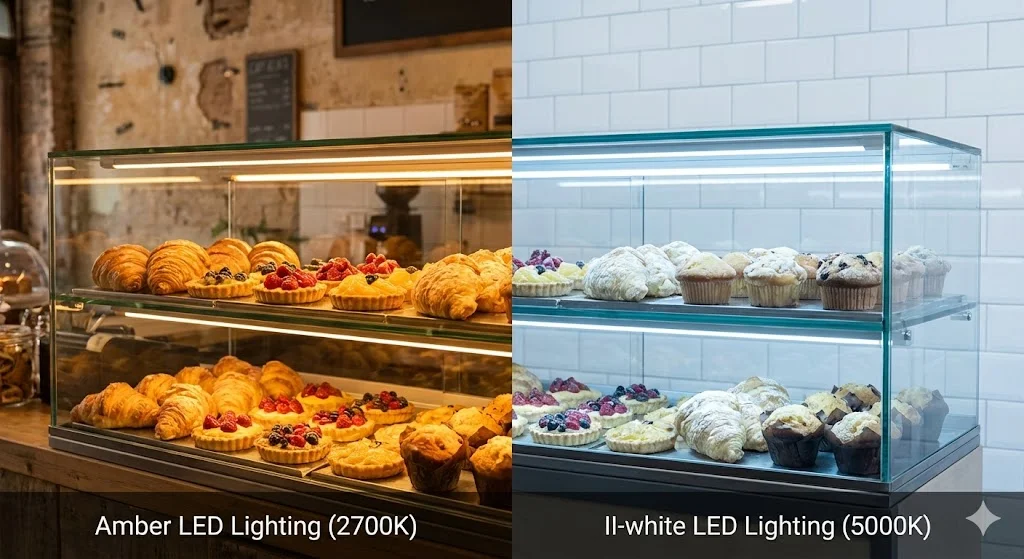 주백색과 전구색 조명 아래에서 각각 다르게 보이는 음식쇼케이스 내부 음식의 비주얼 비교