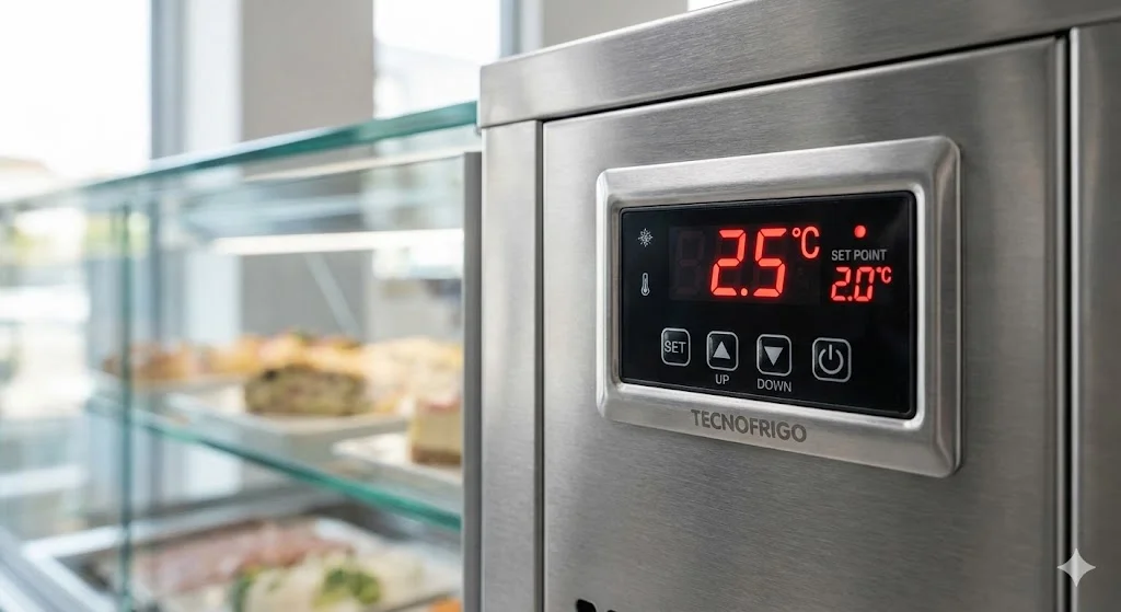 스테인리스 소재의 음식쇼케이스에 부착된 정밀한 디지털 온도 조절기 제어판 근접 사진