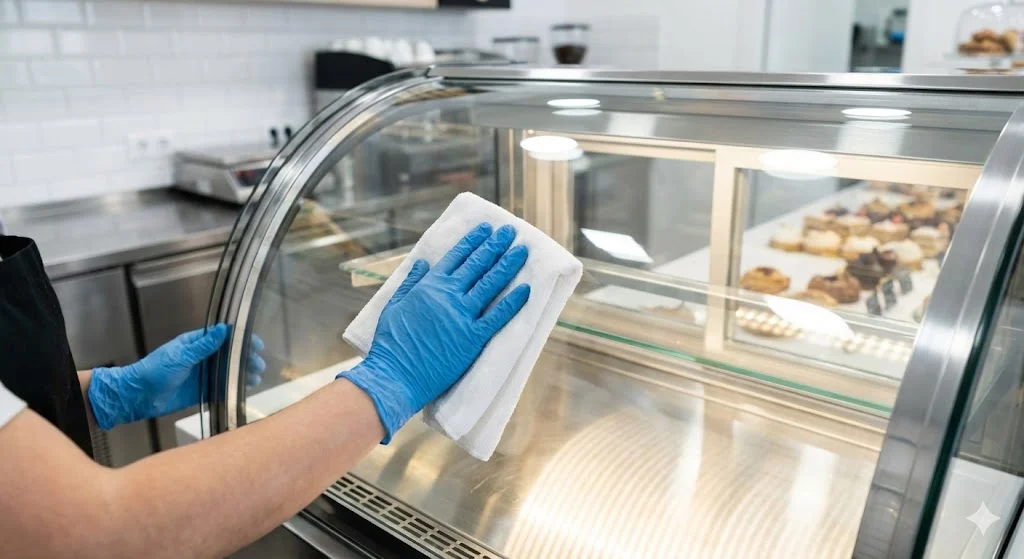깨끗한 장갑을 착용하고 음식쇼케이스의 유리창을 청결하게 닦고 있는 위생 관리 모습