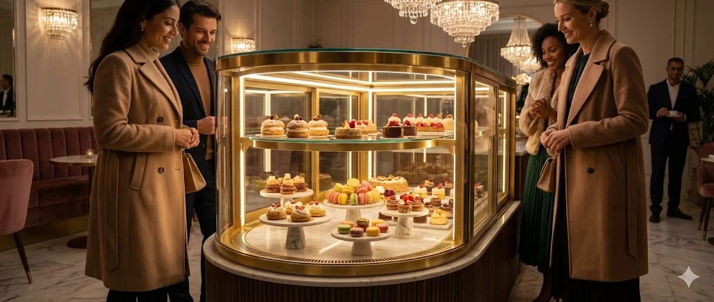 쇼케이스를 마치 귀금속을 담은 보석함처럼 묘사하여, 안에 담긴 디저트의 가치를 극대화하고 매장의 고급스러운 분위기를 이끄는 모습을 표현합니다.