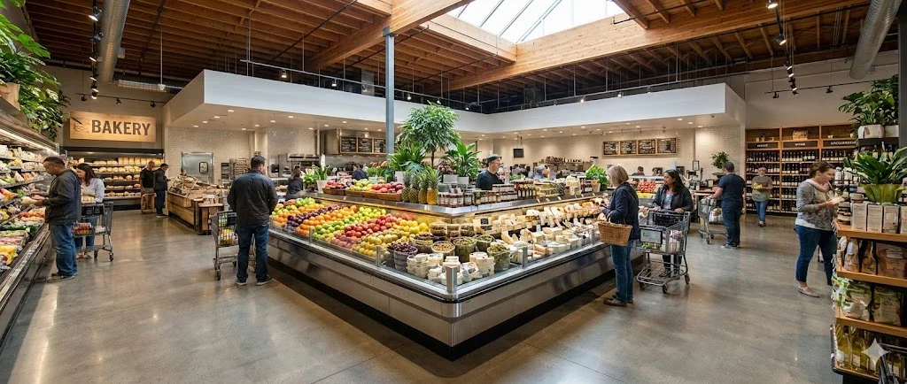 매장 중앙에 배치된 평대쇼케이스 주변으로 고객들이 붐비는 활기찬 대형 마트 내부 전경