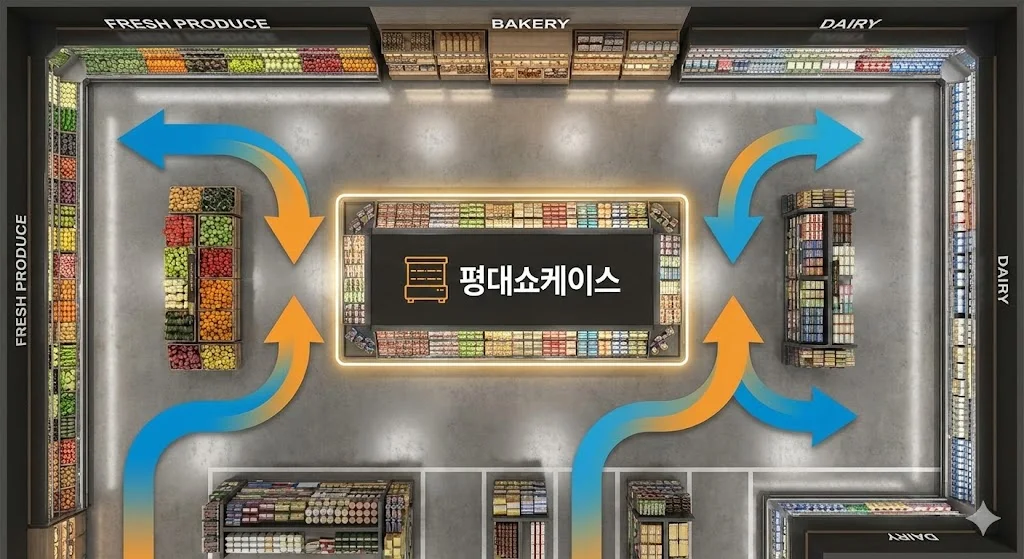 메인 통로 한가운데 위치하여 고객 동선을 유도하는 평대쇼케이스 아일랜드 배치 조감도