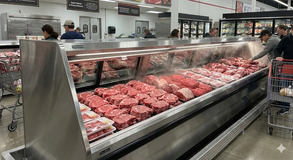 신선한 정육 상품이 대량으로 진열되어 냉기를 내뿜고 있는 마트형 평대쇼케이스