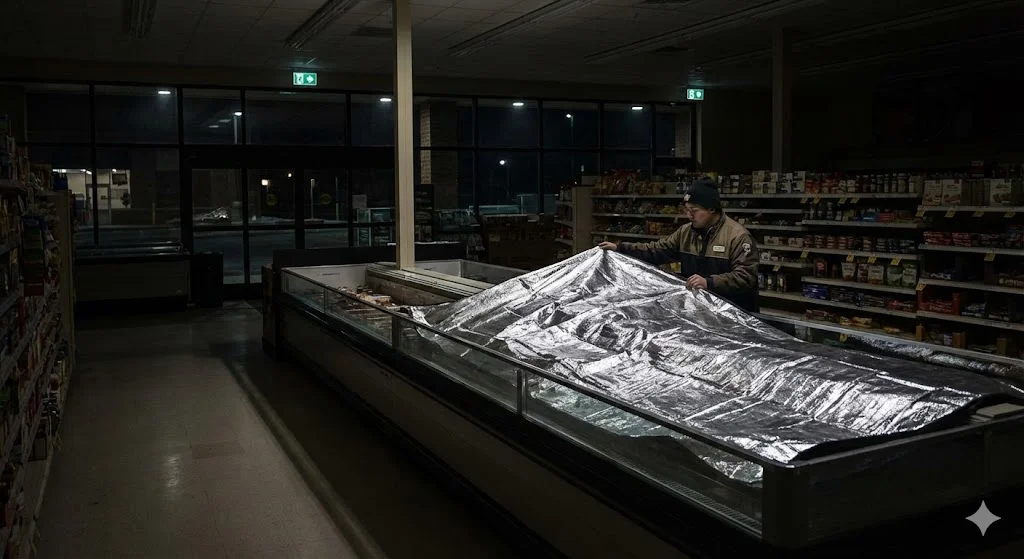 영업 종료 후 에너지 절약을 위해 평대쇼케이스에 나이트 커버를 덮고 있는 모습