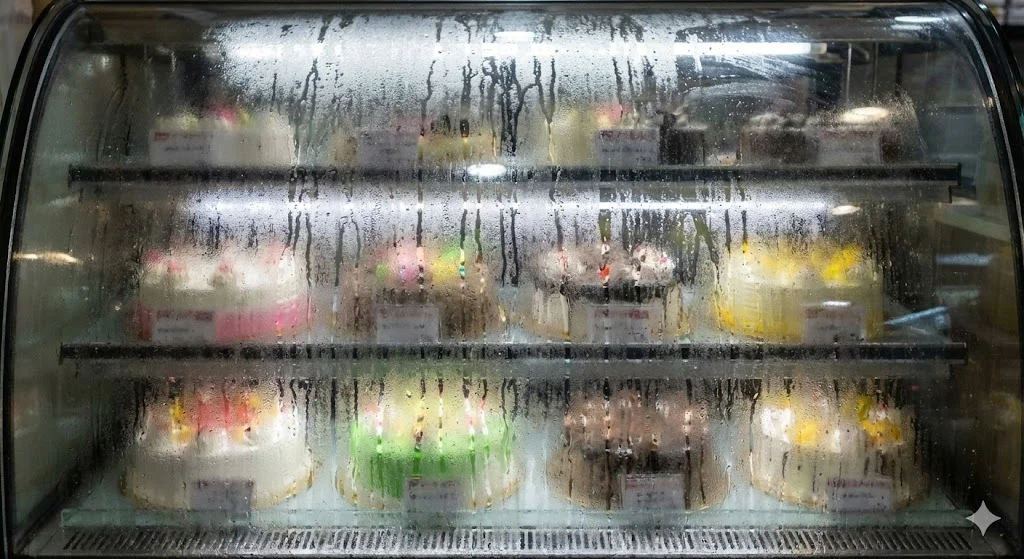 심한 결로 현상으로 내부가 보이지 않는 불량 중고쇼케이스 유리면