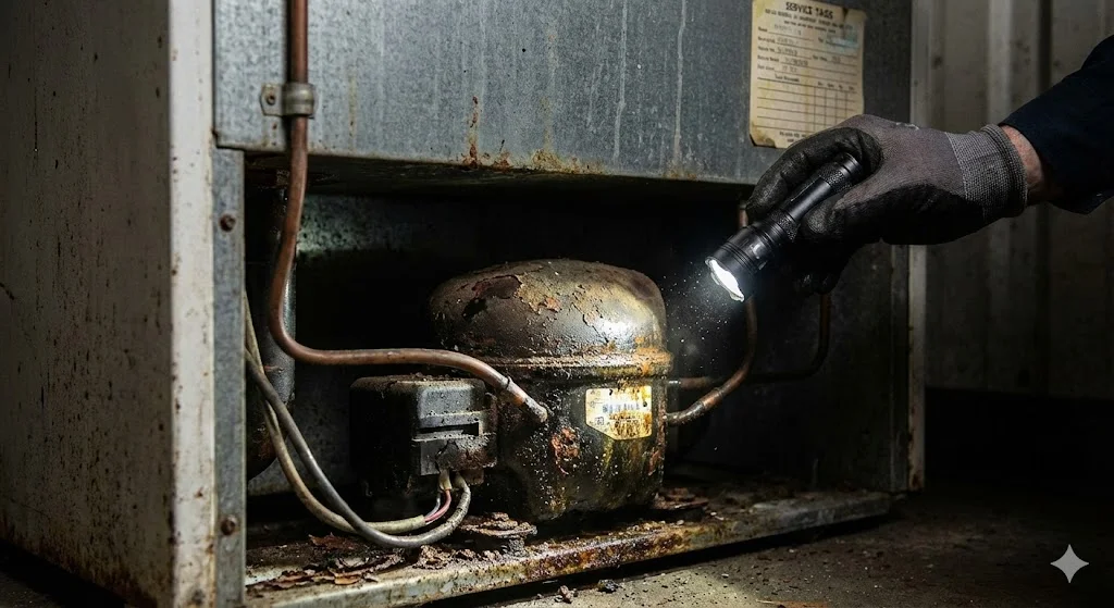 중고쇼케이스 내부 기계실의 노후되고 녹슨 컴프레셔 점검 모습