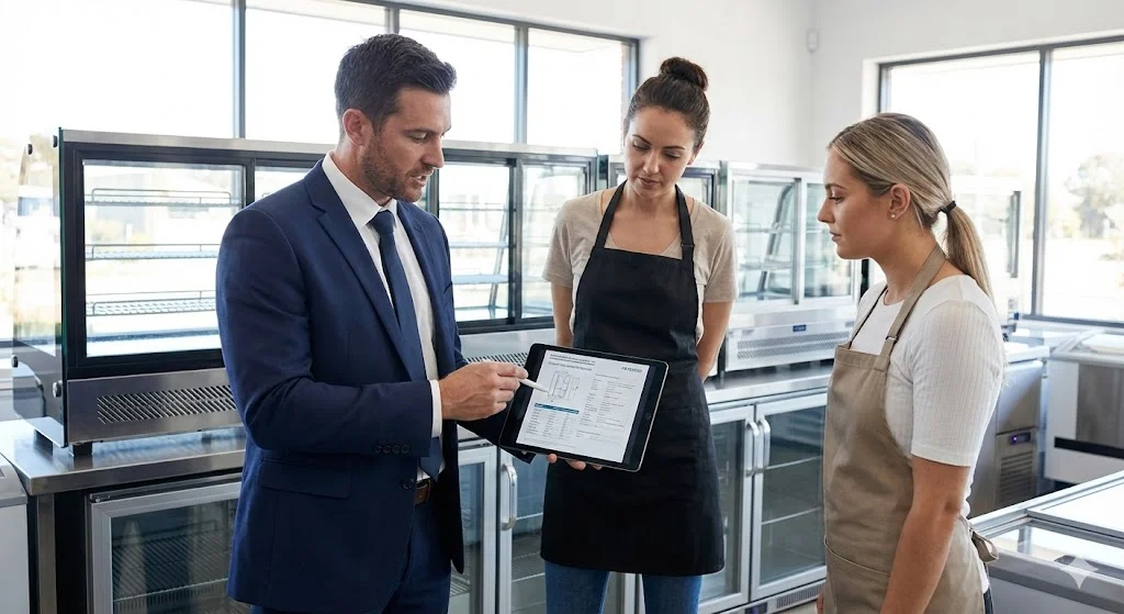 쇼케이스 전문 매장에서 상담을 받고 있는 예비 창업자와 전문가