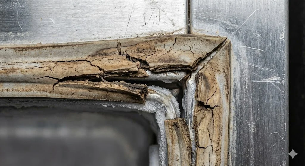 냉기가 새어 나오는 중고쇼케이스의 찢어진 문 고무 패킹 상세 사진