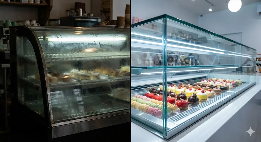 노후된 중고쇼케이스와 화려한 신품 쇼케이스의 진열 효과 비교 사진