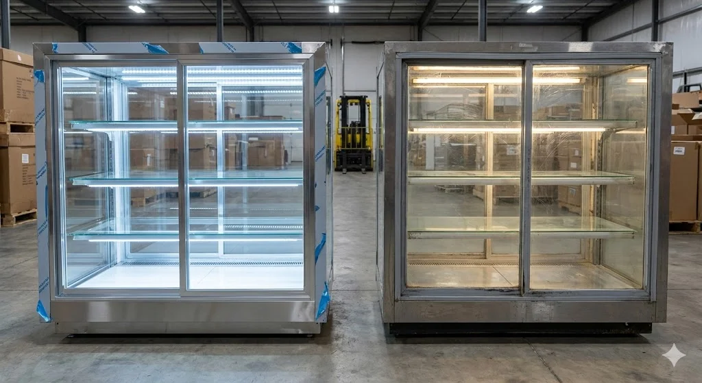 리얼한 사진, 상업용 주방기기 창고 바닥에 나란히 놓인 두 개의 제과용 냉장 쇼케이스. 왼쪽 (신규): 포장 비닐이 일부 남아있는 완전히 새로운 쇼케이스. 흠집 없는 반짝이는 스테인리스 스틸 프레임, 티 없이 맑고 투명한 유리, 내부의 밝고 하얀색 최신 LED 조명이 켜져 있음. 완벽한 마감 상태. 오른쪽 (중고): 사용감이 역력한 중고 쇼케이스. 약간 광택을 잃고 미세한 생활 스크래치가 있는 금속 테두리, 유리 표면에 희미한 얼룩과 잔기스, 내부의 약간 노랗고 어두운 구형 형광등 조명. 고무 패킹에 약간의 때가 탄 흔적. 배경: 콘크리트 바닥, 뒤쪽에 쌓여있는 박스들과 지게차. 사실적인 조명.