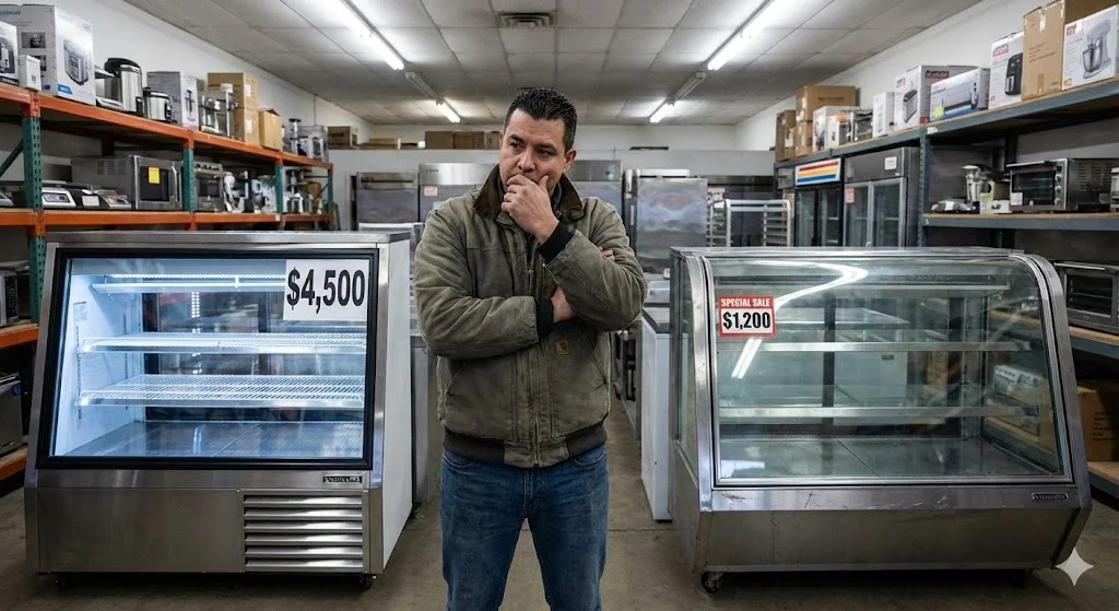 리얼한 다큐멘터리 스타일 사진. 중고 주방기기 매장에서 팔짱을 끼고 턱을 괴며 깊은 고민에 빠진 한 남성(예비 창업자). 그의 앞에는 두 개의 쇼케이스가 놓여 있다. 하나는 가격표가 붙은 반짝이는 새 제품이고, 그 옆에는 '특가 판매' 스티커가 붙어있고 약간 사용감이 있지만 깨끗하게 닦아놓은 중고 제품이 있다. 두 제품 사이의 미묘한 상태 차이와 남자의 진지한 표정이 대조를 이룸.