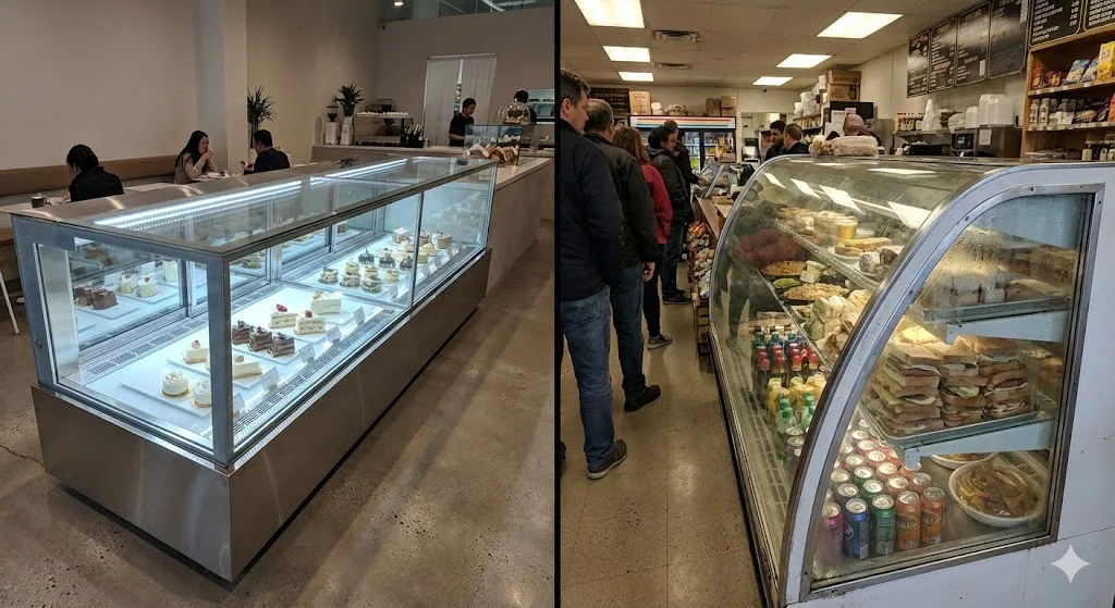 화면 분할된 리얼한 사진. 왼쪽 (신규 매장): 새로 오픈한 모던하고 미니멀한 고급 디저트 카페 내부. 중앙에 주문 제작된 반짝이는 새 사각형 쇼케이스가 있고, 그 안에 화려한 케이크들이 완벽하게 진열되어 있음. 유리에 지문 하나 없이 깨끗하고 조명이 매우 밝아 보석함처럼 빛남. 오른쪽 (기존 매장): 수년간 운영된 동네의 분주한 샌드위치 가게 내부. 카운터에 약간 낡은 곡선형 중고 쇼케이스가 놓여 있고, 안에 샌드위치와 음료가 가득 참. 유리 모서리에 약간의 성에나 습기가 차 있고, 금속 부분에 세월의 흔적과 손때가 묻어 있음.