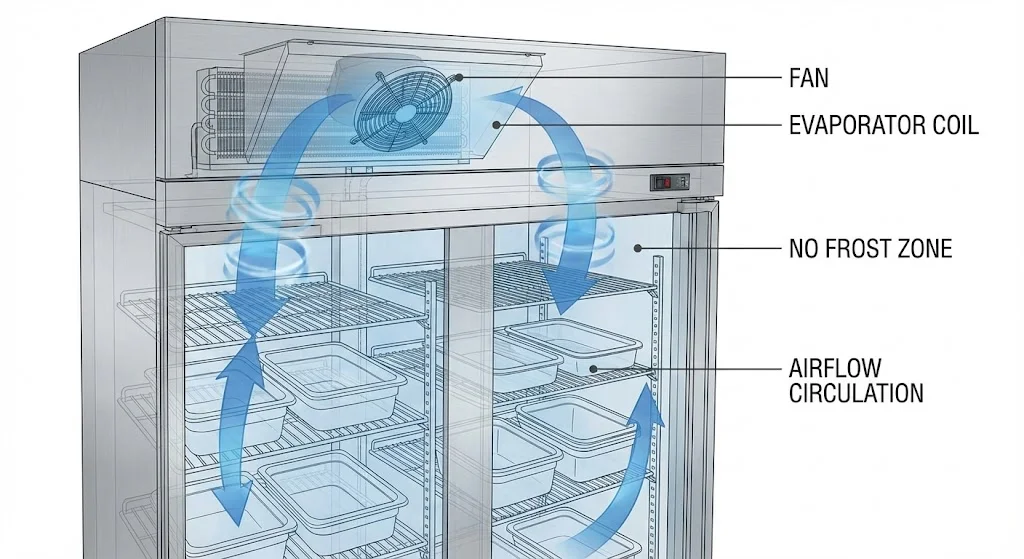 업소용 냉장고의 간냉식 냉각 원리를 보여주는 3D 기술 다이어그램. 상단의 팬(FAN)과 증발기 코일(EVAPORATOR COIL)에서 나온 찬 공기가 내부 구석구석을 순환하며 성에를 방지하는 과정(NO FROST ZONE)을 파란색 화살표로 시각화한 모습.
