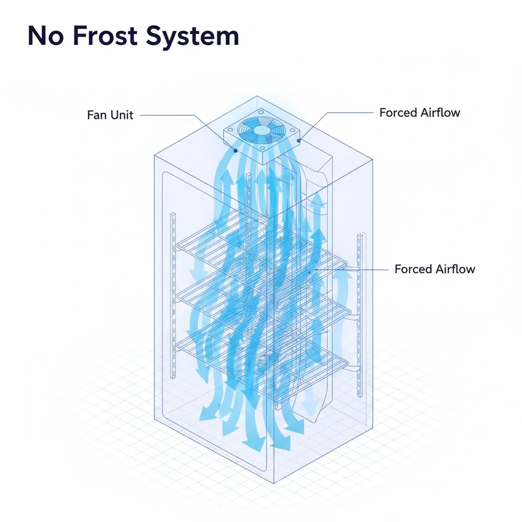 팬과 증발기 코일을 이용한 업소용 냉장고의 간냉식 냉각 및 공기 순환 원리 다이어그램