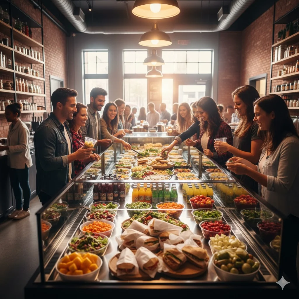 많은 손님이 몰리는 매장 중앙의 오픈형 쇼케이스와 진열된 제품들