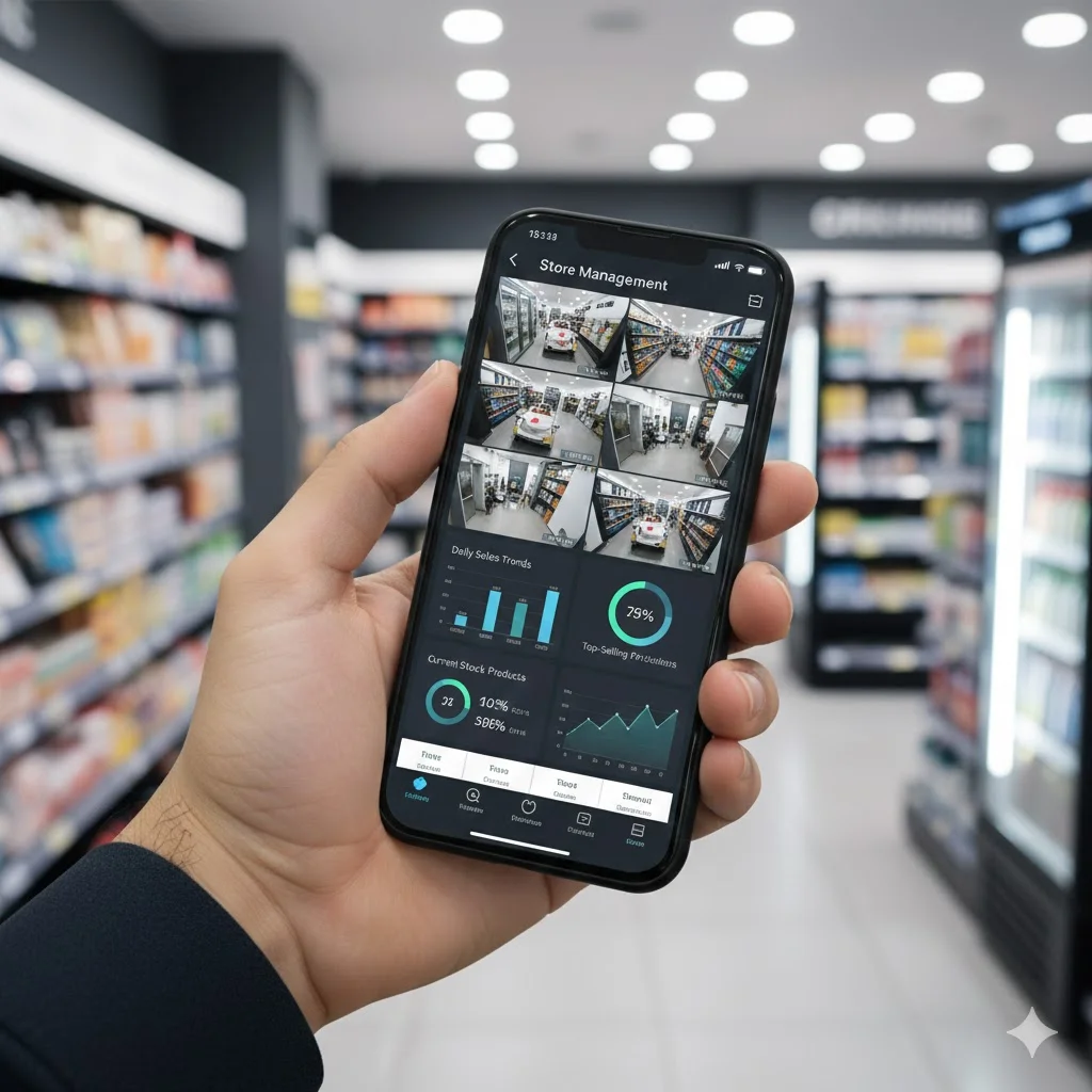스마트폰 앱으로 무인매장을 원격 관리하는 모습