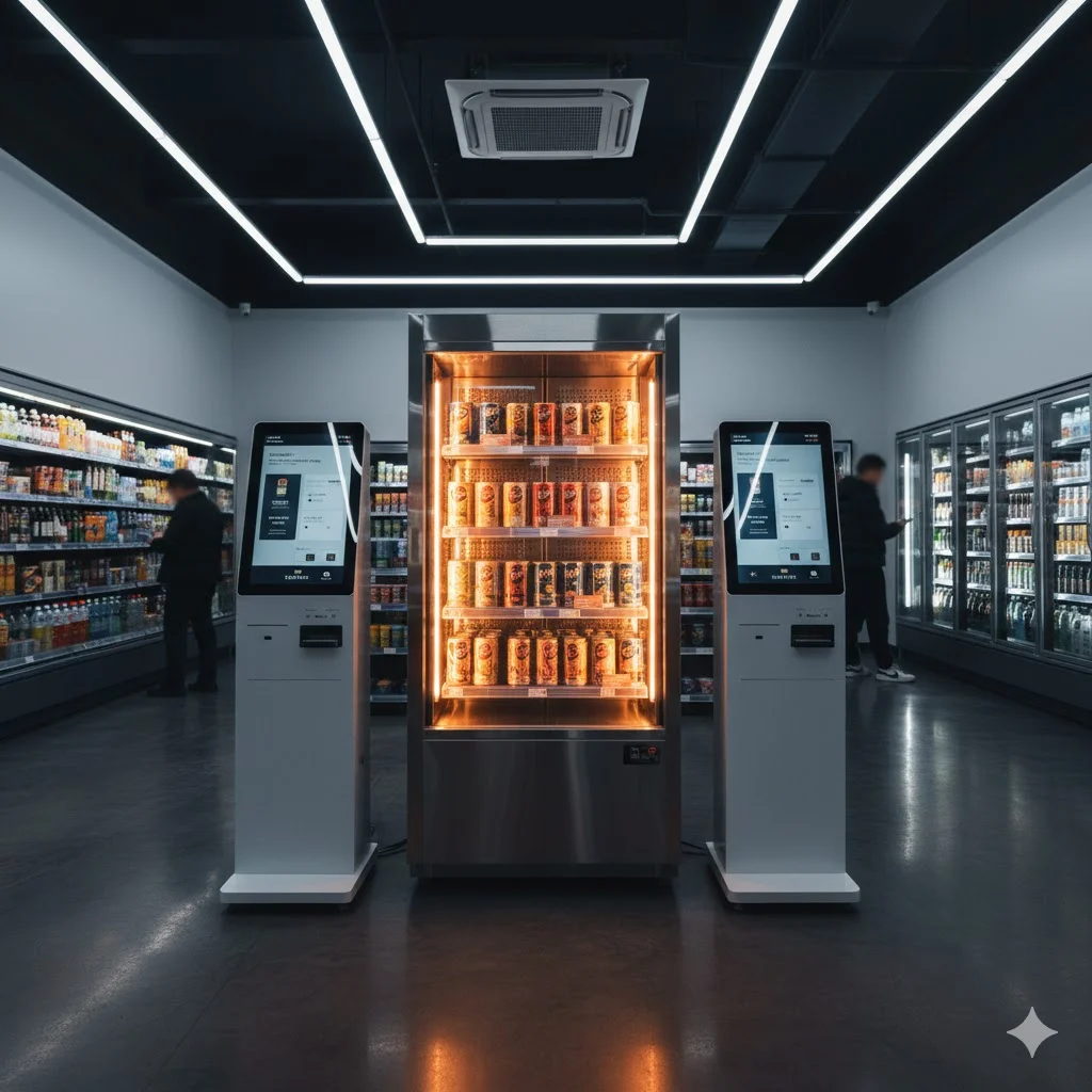 키오스크와 온장고가 배치된 현대적인 무인매장 내부