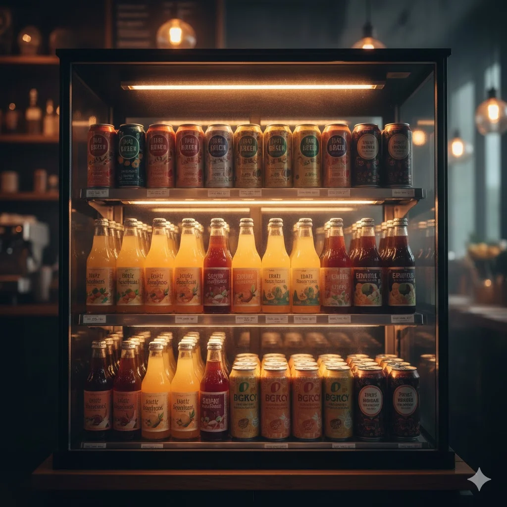 어두운 밤길을 밝히는 카페의 따뜻한 진열대 조명