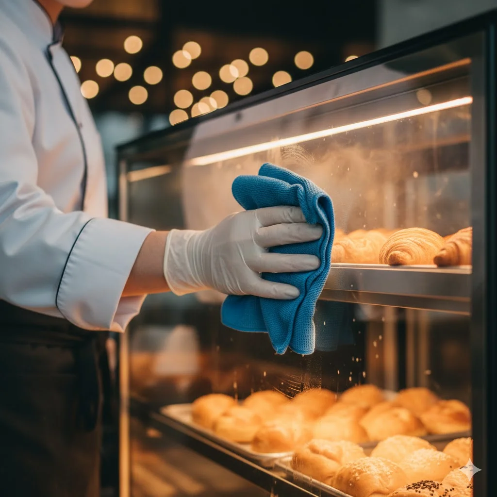 깨끗하게 닦인 쇼케이스 유리창과 정돈된 내부 상품들