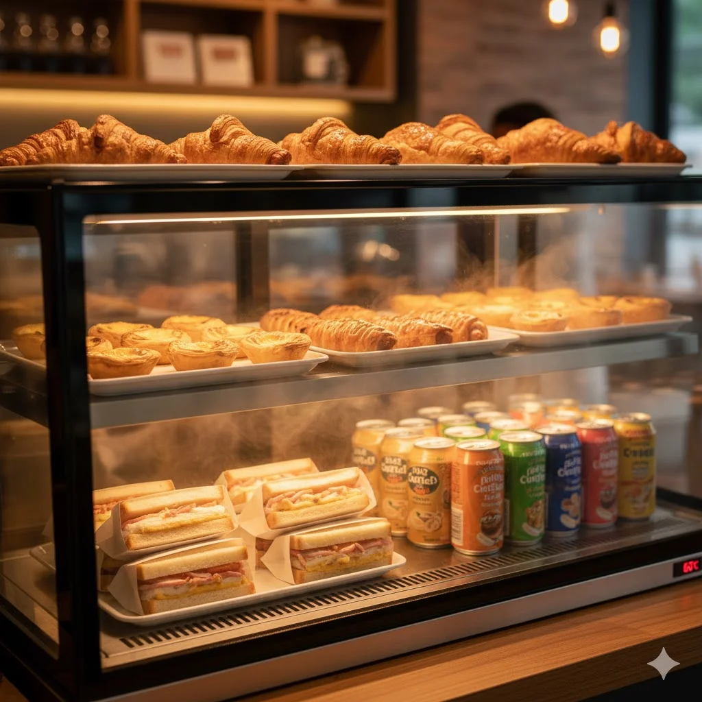 에그타르트와 음료가 신선하게 보관된 온장고 내부 상세 샷