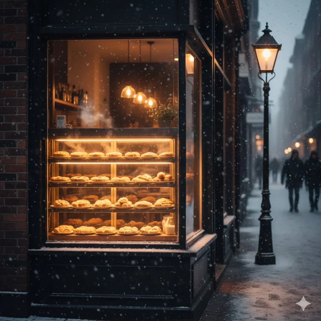 겨울철 눈 내리는 거리에서 따뜻한 빛을 내뿜는 매장 전경