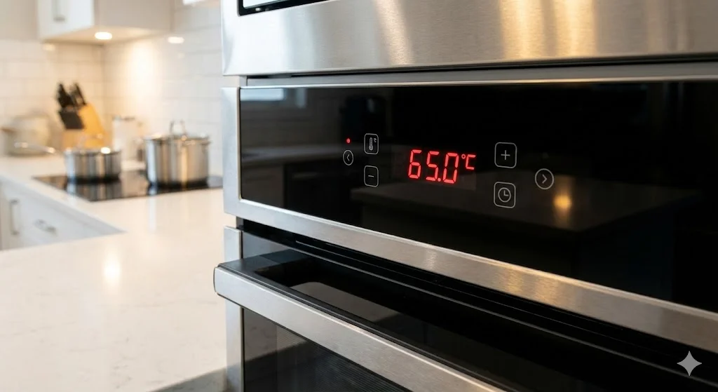 족발의 최적 보관 온도인 65.0℃를 실시간으로 표시하고 있는 상업용 온장고의 디지털 제어 패널