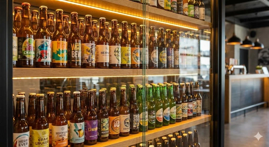 주류 쇼케이스 내부에서 최적의 온도로 보관되어 신선한 이슬이 맺힌 수제 맥주 병들의 클로즈업 사진.