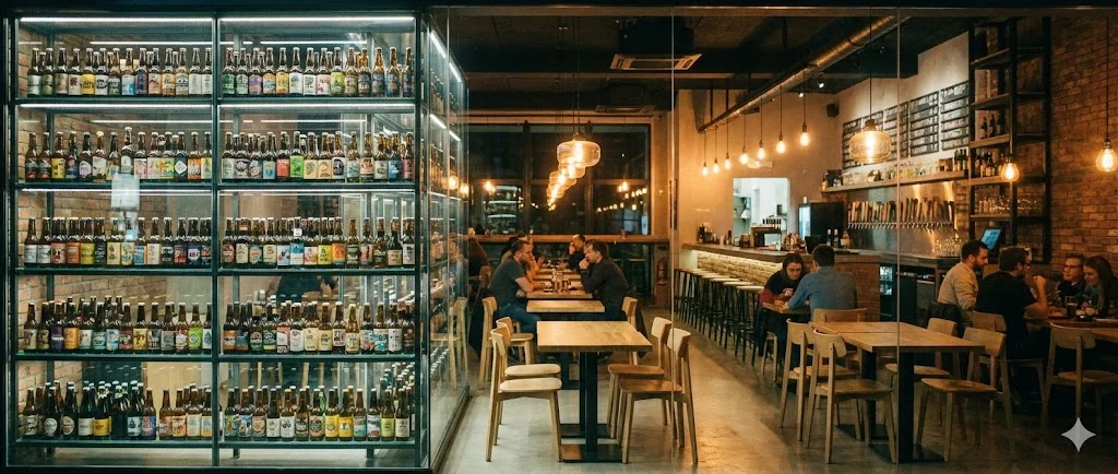 투명하고 깨끗한 주류 진열대 너머로 보이는 감각적이고 화사한 분위기의 맥주집 내부 인테리어와 좌석 배치.