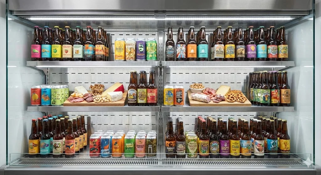 객단가 상승을 위해 고객 눈높이에 맞춰 전략적으로 배치된 프리미엄 주류와 안주 견본 진열.