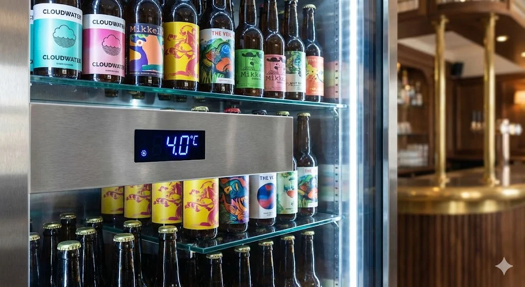 맥주의 신선도를 증명하는 디지털 온도 조절 패널과 4.0도 숫자가 선명하게 표시된 상업용 냉장 설비.