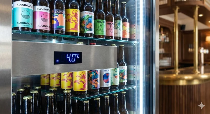 맥주의 신선도를 증명하는 디지털 온도 조절 패널과 4.0도 숫자가 선명하게 표시된 상업용 냉장 설비.