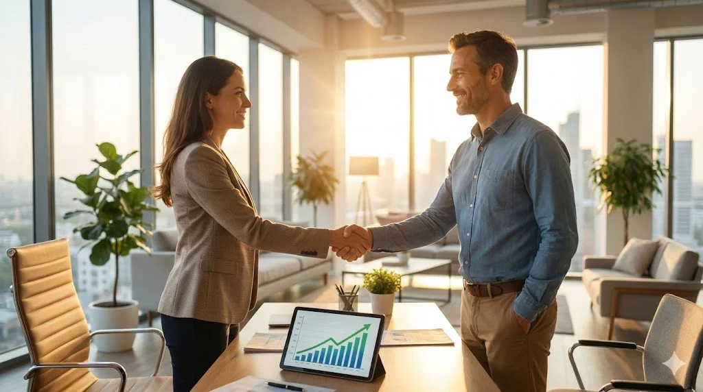 소상공인정책자금 상담을 통해 밝게 웃고 있는 사업자와 상담원.