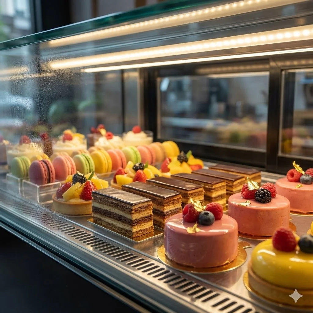 LED 조명이 밝게 비추는 고급 디저트 냉장 쇼케이스 내부 전경.