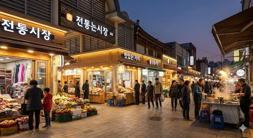 활기차고 깨끗하게 정비된 현대적인 소상공인 상점가 전경.