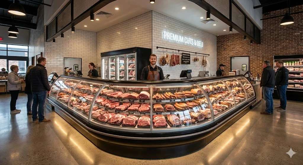 프리미엄 정육 쇼케이스가 설치된 현대적인 정육점 내부.