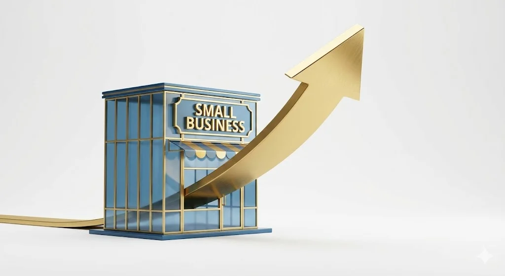 소상공인 매장의 성장을 상징하는 우상향 화살표와 아이콘.