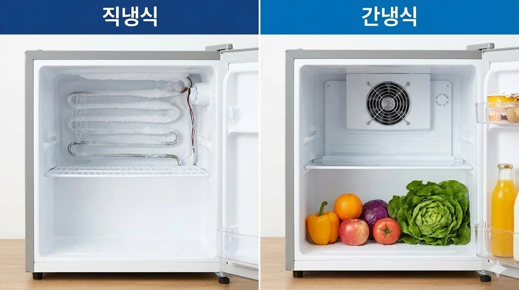 테이블냉장고의 냉각 방식인 직냉식(성에 발생)과 간냉식(팬 순환)의 내부 차이를 비교한 이미지랍니다.