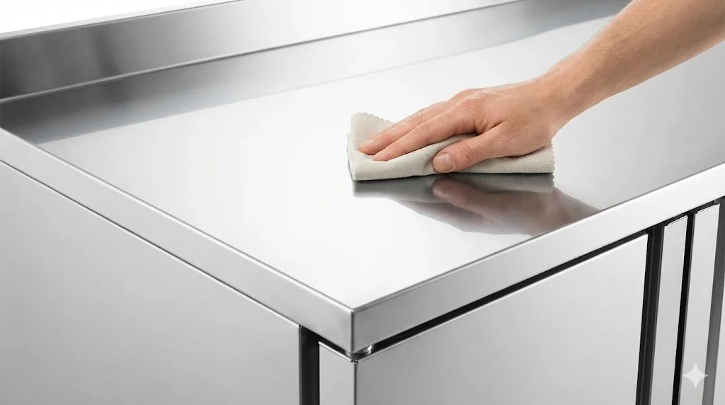 내구성과 위생이 뛰어난 고급 스테인리스 재질의 테이블냉장고 상판을 깨끗하게 닦고 있는 모습이랍니다.