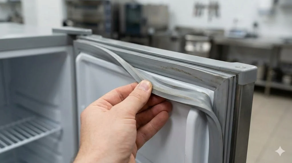 중고 테이블냉장고 구매 전, 냉기 손실을 막기 위해 도어 고무 패킹(가스켓)의 상태를 꼼꼼히 점검하는 모습이에요.